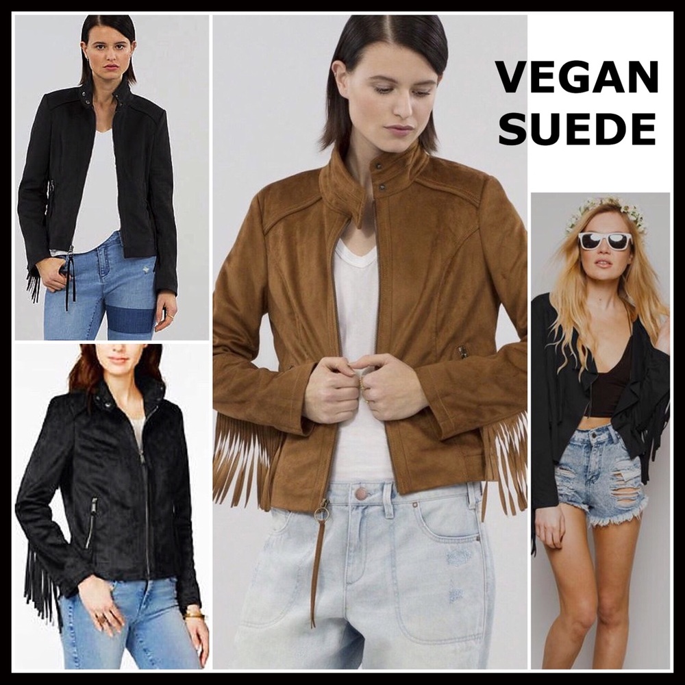 BLACK BOHO FRINGE VEGAN SUEDE MOTO BOMBER JACKET ZIP UP A2C - Picture 7 of 10